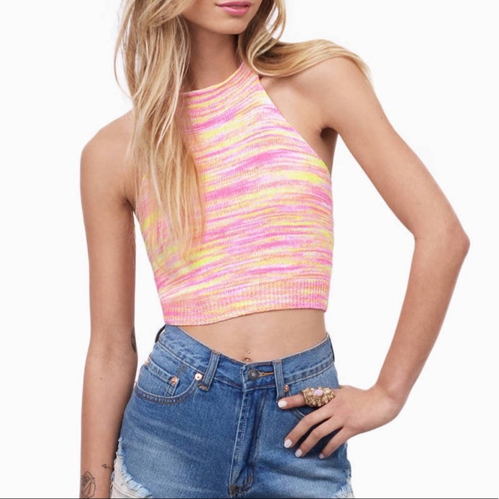 Tobi Pink & Yellow Knit Backless Halter Top